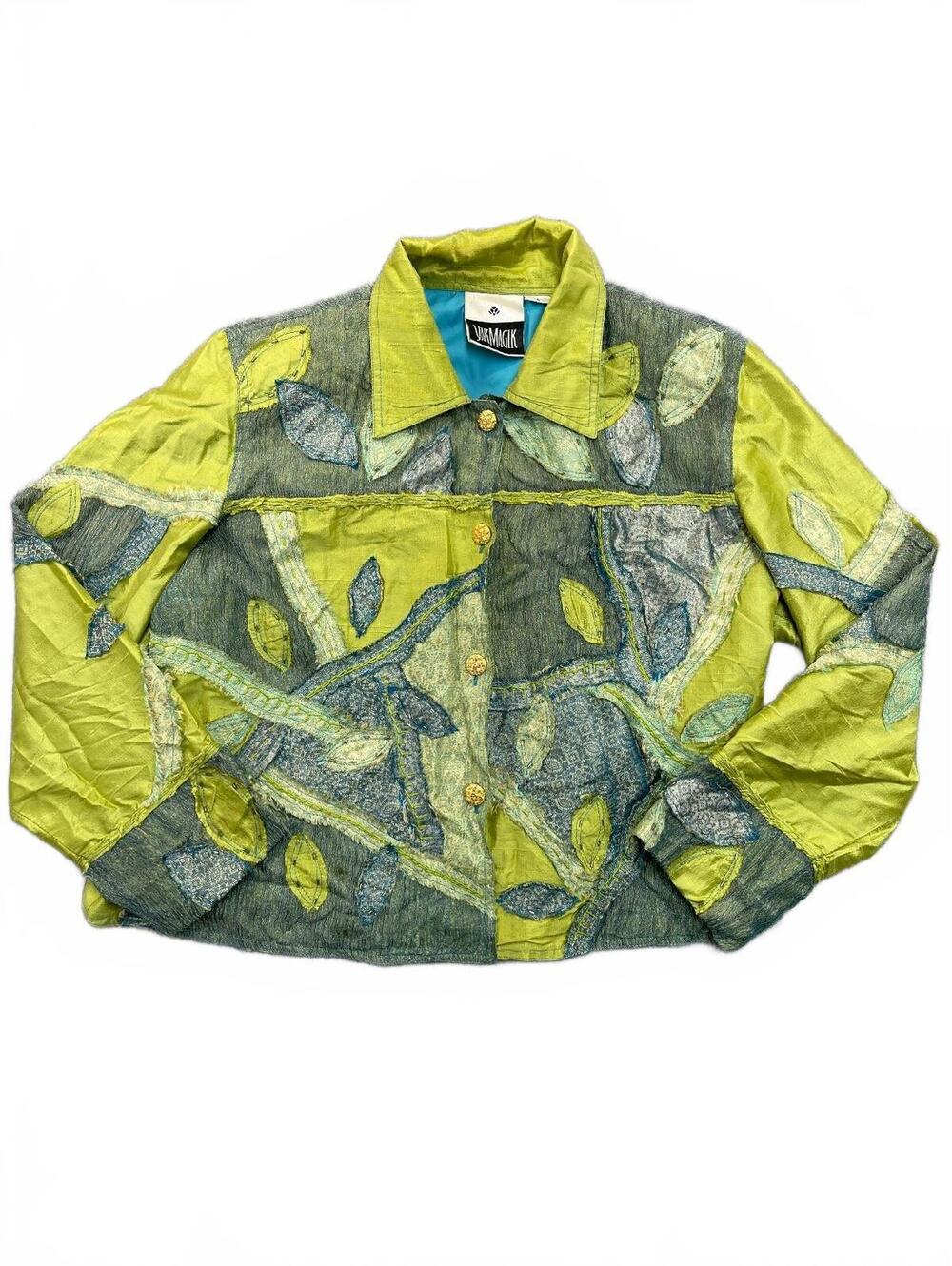 Yak Magik Womens Large Silk Jacket Green Patchwork Art To Wear Leaf Embroidered